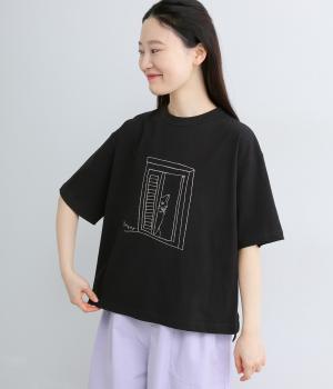 コットンラフィ天竺のぞき猫Tシャツ(ブラック-F)