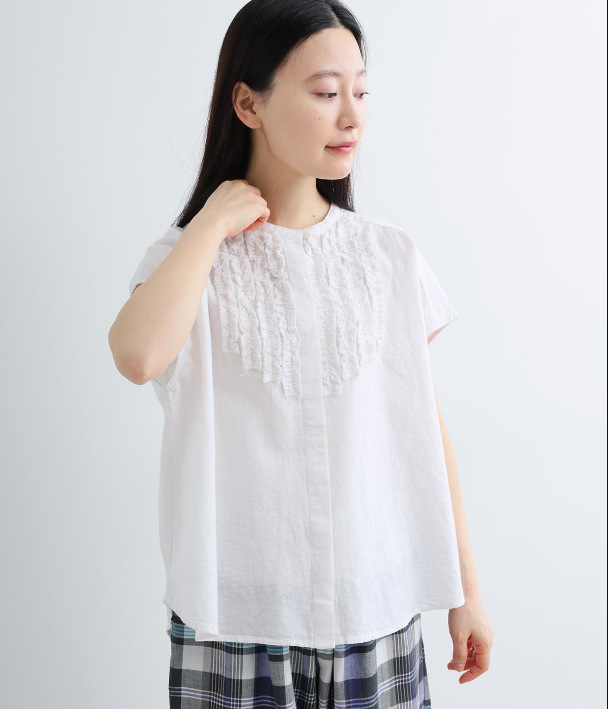 コットンリネン平織りシャンブレーフリル使いフレンチブラウス(オフホワイト-F)
