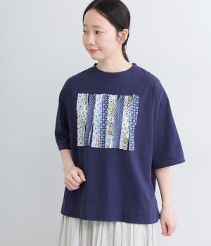 リサイクルコットン天竺(無地)×布帛フラワーMIXリメイクTEE(フェデラルネイビー-F)