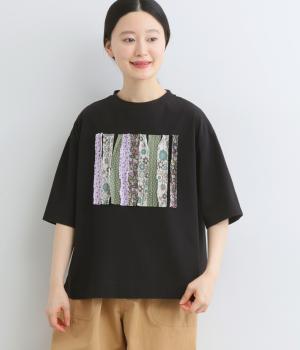 リサイクルコットン天竺(無地)×布帛フラワーMIXリメイクTEE(ブラック-F)