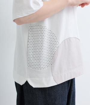 リサイクルコットン天竺(無地)×布帛サークルパッチワークTEE(半袖)(オフホワイト-F)