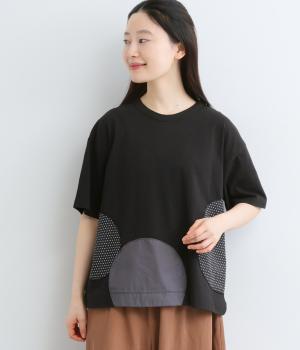 リサイクルコットン天竺(無地)×布帛サークルパッチワークTEE(半袖)(ブラック-F)