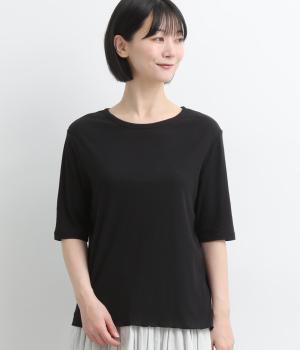 強撚シアーコットンフライスクルーTEE(5分袖)(ブラック-F)