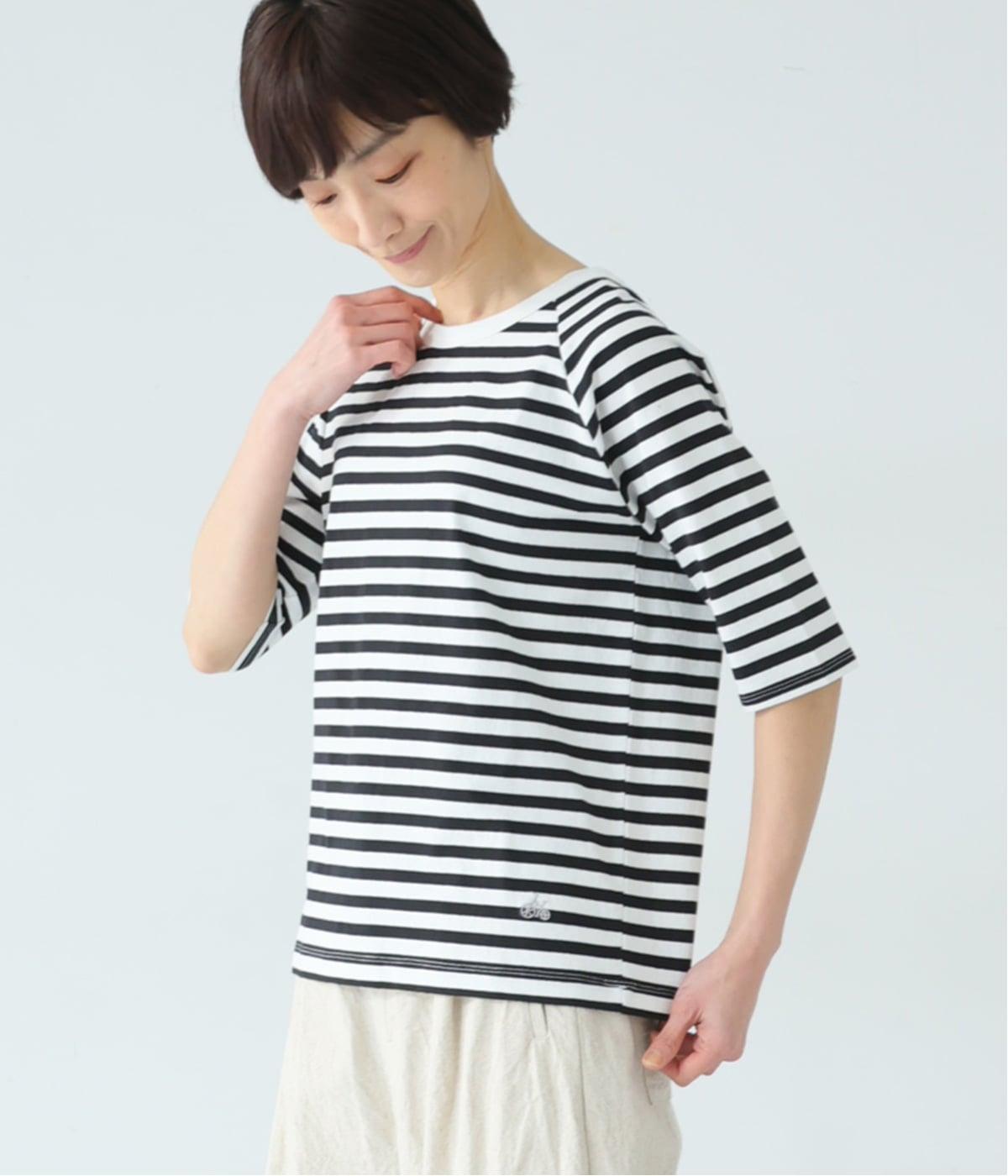 リサイクルコットン天竺(ボーダー)ラグランTEE(5分袖)(オフホワイト×ブラック-M)