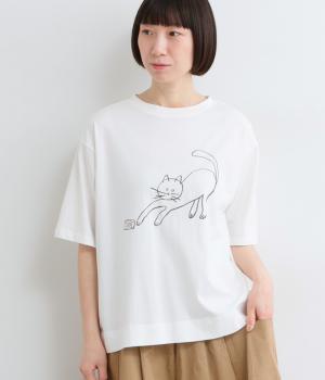 コットンラフィ天竺猫と鮭缶とTシャツ(オフホワイト-F)