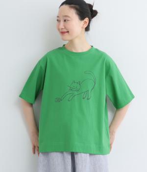 コットンラフィ天竺猫と鮭缶とTシャツ(グリーン-F)