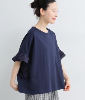 コットン天竺ブロードラッフルスリーブワイドプルオーバー(ラッフル:布帛)(ネイビー-F)
