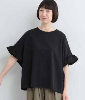 コットン天竺ブロードラッフルスリーブワイドプルオーバー(ラッフル:布帛)(ブラック-F)