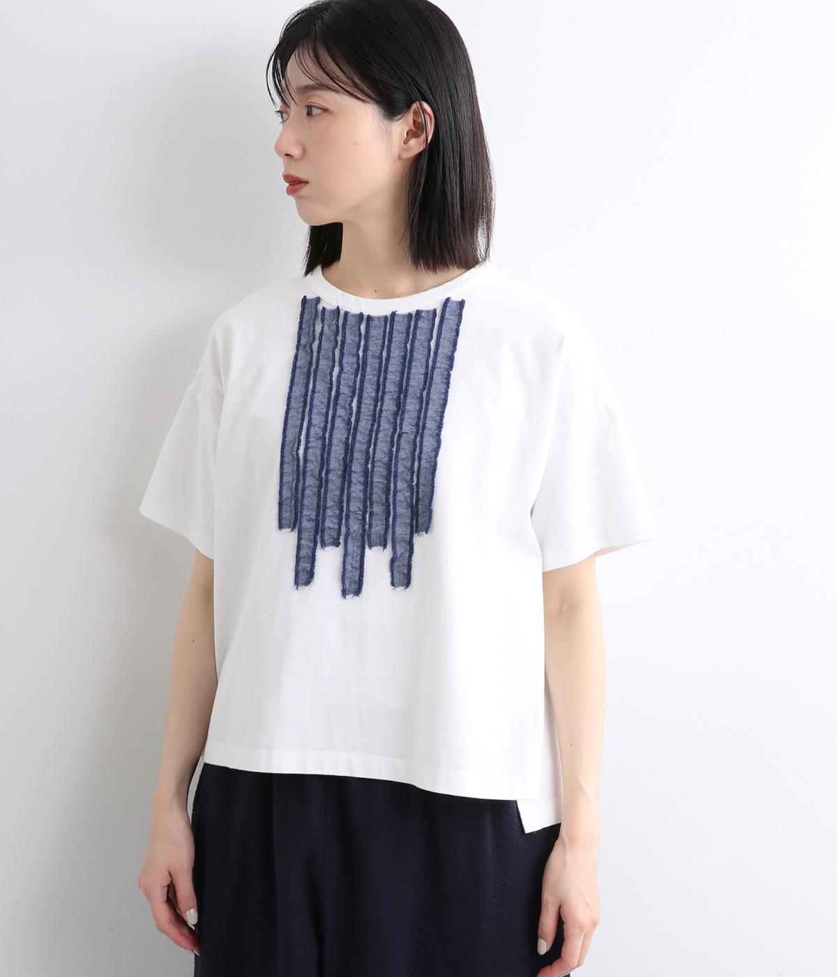 インディゴ天竺×ライトozコットンデニムINDIGO天竺×フリルデニムワイドTEE(半袖)(オフホワイト-F)