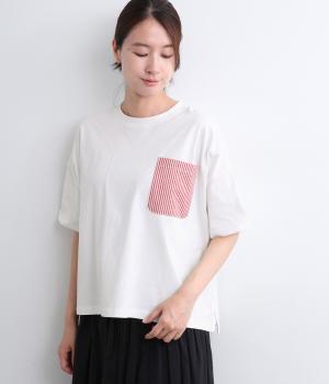 コットンシアサッカー天竺BIGポケットワイドTEE(レッド×オフホワイト-F)