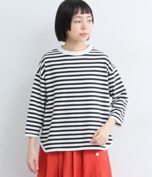 リサイクルコットン天竺(ボーダー)ラウンドヘムTEE(7分袖)(オフホワイト×ブラック-F)