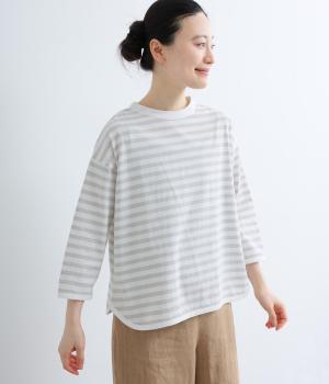 リサイクルコットン天竺(ボーダー)ラウンドヘムTEE(7分袖)(オフホワイト×オイスター-F)