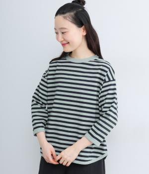 リサイクルコットン天竺(ボーダー)ラウンドヘムTEE(7分袖)(ミント×ダークネイビー-F)