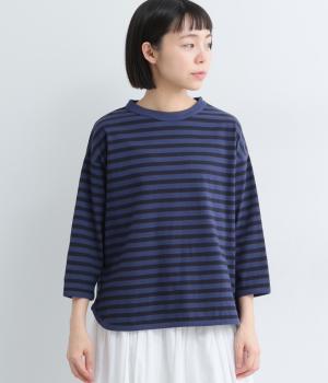 リサイクルコットン天竺(ボーダー)ラウンドヘムTEE(7分袖)(F/ネイビー×ダークネイビー-F)