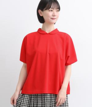 コットン鹿の子後ろ釦開きヘチマネックプルオーバー(レッド-F)