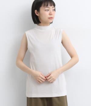 強撚シアーコットンフライスノースリーブハイネックTシャツ(ライトグレー-F)