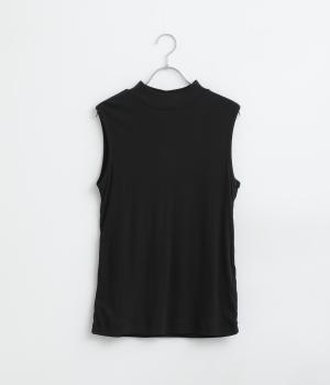 強撚シアーコットンフライスノースリーブハイネックTシャツ(ブラック-F)