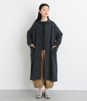 コットンリネンヘリンボーンショールカラーコート風ワンピース(ブラックウォッチ-F)