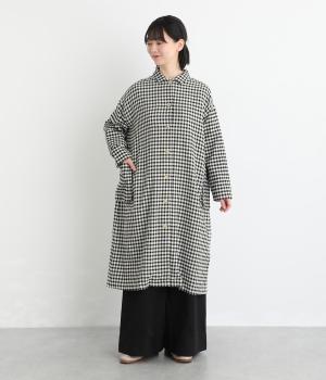 コットンリネンヘリンボーンショールカラーコート風ワンピース(ギンガムチェック-F)