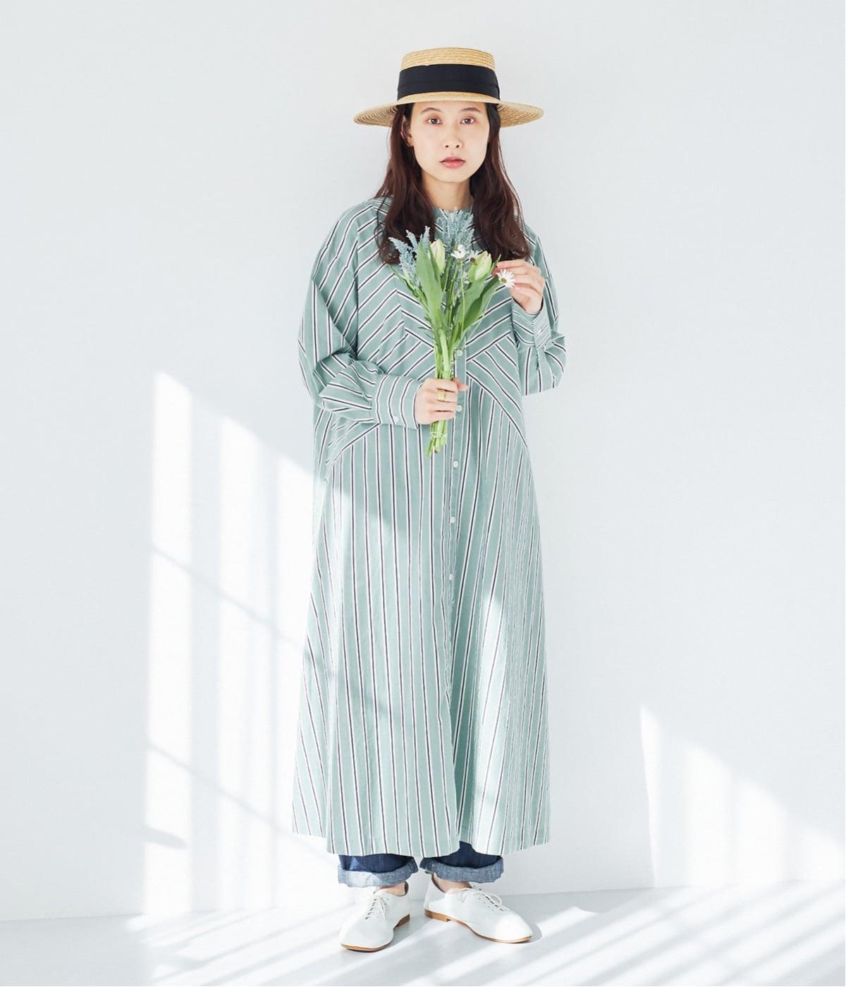 コットンドビーストライプ切替ワンピース(グリーンストライプ-F)