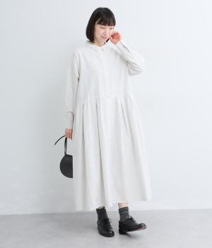 コットンリネン先染め切替ギャザー比翼ワンピース
