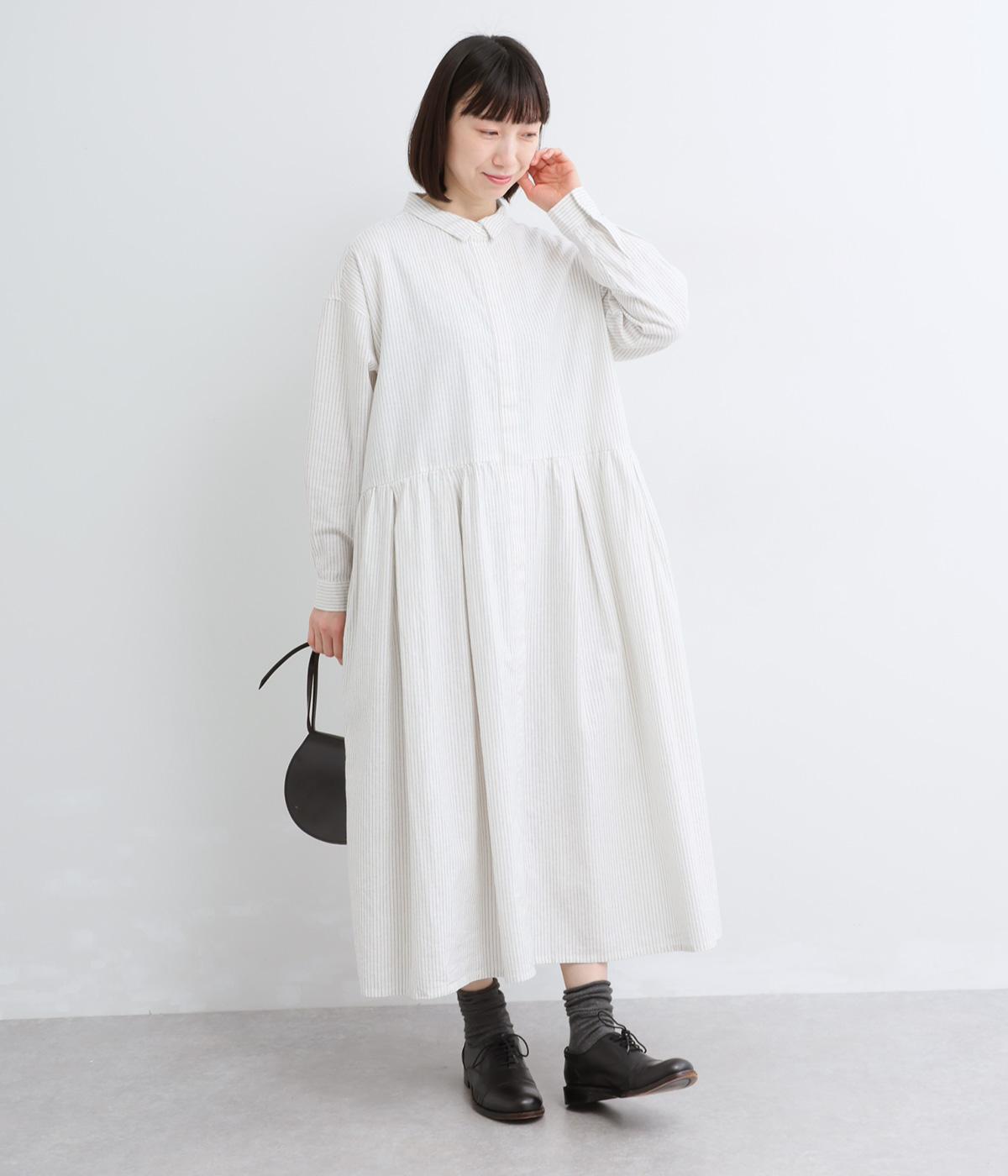 コットンリネン先染め切替ギャザー比翼ワンピース(ストライプ-F)