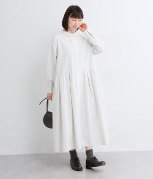 コットンリネン先染め切替ギャザー比翼ワンピース(ストライプ-F)