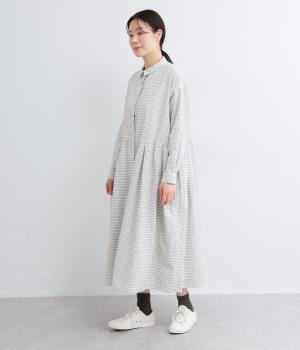 コットンリネン先染め切替ギャザー比翼ワンピース(チェック-F)