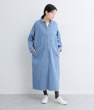 ライトオンスコットンリネンデニムBACKポケット比翼ワンピース(ライトインディゴ-F)