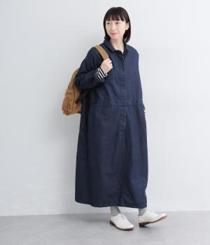 ライトオンスコットンリネンデニムBACKポケット比翼ワンピース(ダークインディゴ-F)