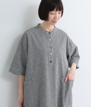 コットンリネン先染めヘンリーネックワイドスリーブワンピース