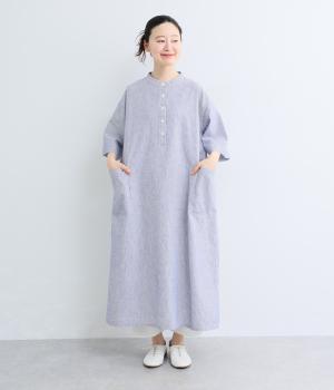 コットンリネン先染めヘンリーネックワイドスリーブワンピース(ブルーストライプ-F)