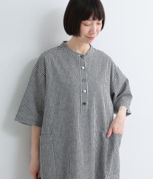 コットンリネン先染めヘンリーネックワイドスリーブワンピース(ブラックギンガム-F)