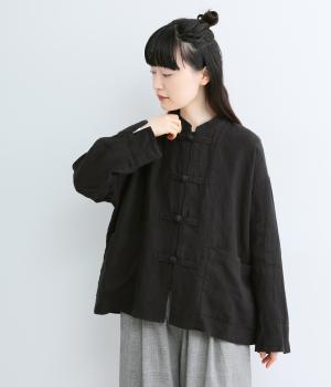 平織りリネンチャイナ釦ジャケット(ブラック-F)