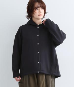 コットン混ダンボールニットフーディドット釦切替BIGブルゾン（ブラック・F）