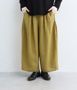 平織りリネンサイドタックワイドコクーンパンツ(ピスタチオ-F)