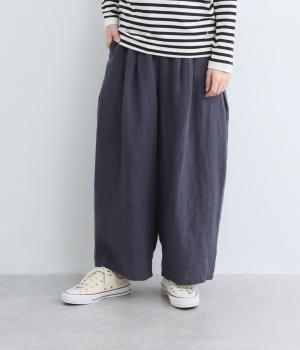平織りリネンサイドタックワイドコクーンパンツ(スチールブルー-F)
