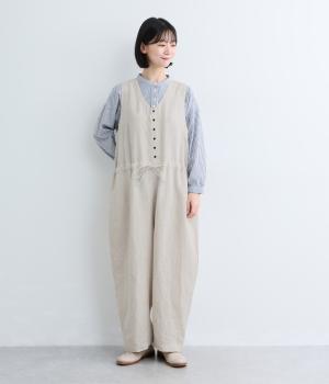 平織りリネンノースリーブ切替サロペットパンツ（ナチュラル・F）