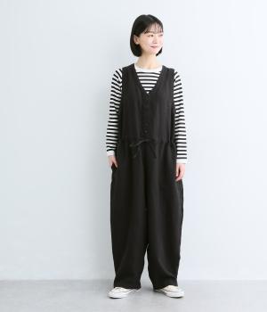 平織りリネンノースリーブ切替サロペットパンツ（ブラック・F）
