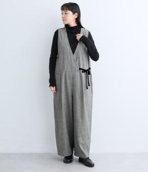 コットンリネン先染めカシュクールサロペットパンツ（ハウンドトゥース・F）