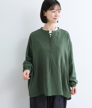 コットンダブルガーゼヘンリーネックBACKギャザーチュニック（グリーン・F）