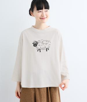 ラフィ天竺ラウンドヘムひつじ プリントT(7分袖)（ミスト・F）