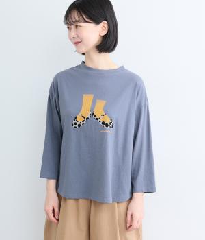 ラフィ天竺ラウンドヘム秋の足元フロッキーT(7分袖)（スモーキーブルー・F）
