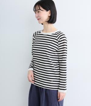 リサイクルコットンボーダーラグランTEE(長袖)（オフホワイト×ブラック・L）