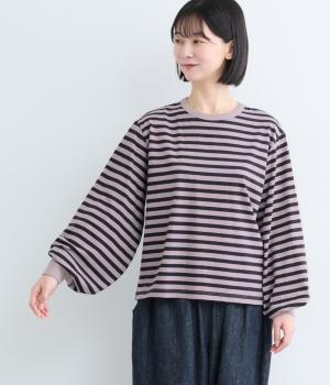 リサイクルコットンボーダー袖ボリュームプルオーバー(長袖)（モーブ×ダークネイビー・F）