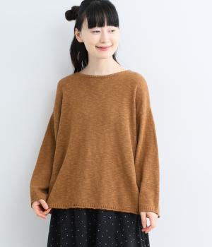 コットンスラブヤーンボートネック7分袖プルオーバー（ブラウン・F）