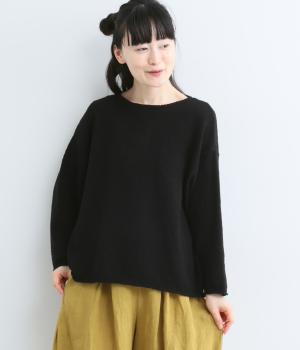 コットンスラブヤーンボートネック7分袖プルオーバー（ブラック・F）