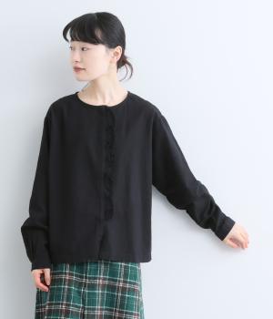 コットンリネン先染めフロントラッフルブラウス（ブラック・F）