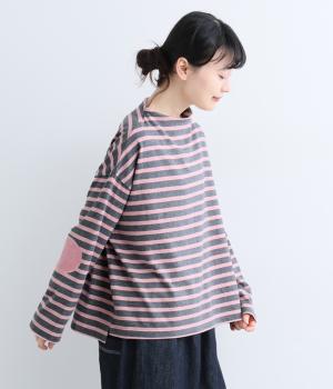 OEボーダー天竺前後差ボトルネック(エルボーパッチ付)（トップチャコール×ピンク・F）