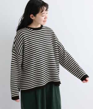 ラムナイロンボーダーワイドプルオーバー（ブラック×アイボリー・F）